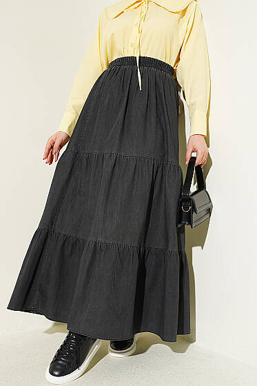 Beli Lastikli Katlı Kot Etek Antrasit - Etek