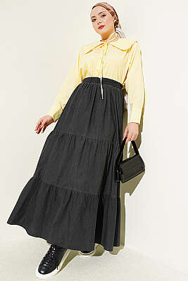 Beli Lastikli Katlı Kot Etek Antrasit - Etek