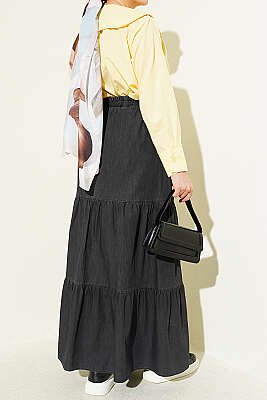 Beli Lastikli Katlı Kot Etek Antrasit - Etek