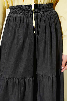 Beli Lastikli Katlı Kot Etek Antrasit - Etek