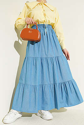 Beli Lastikli Katlı Kot Etek Kot Mavisi - BERAT TEKSTİL