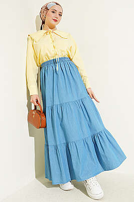 Beli Lastikli Katlı Kot Etek Kot Mavisi - Etek