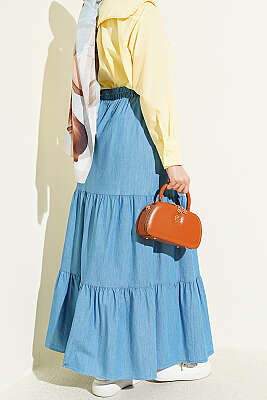 Beli Lastikli Katlı Kot Etek Kot Mavisi - Etek