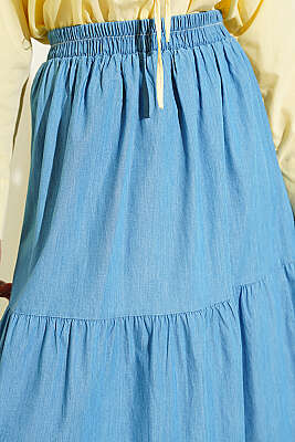 Beli Lastikli Katlı Kot Etek Kot Mavisi - Etek