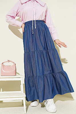 Beli Lastikli Katlı Kot Etek Lacivert - BERAT TEKSTİL