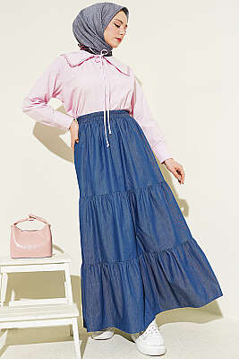 Beli Lastikli Katlı Kot Etek Lacivert - Etek