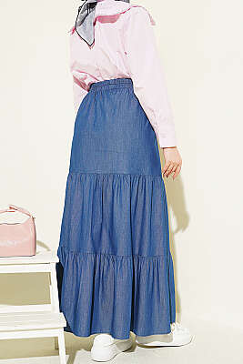 Beli Lastikli Katlı Kot Etek Lacivert - Etek