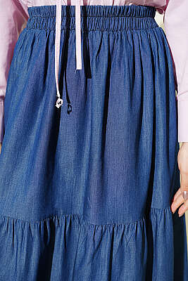 Beli Lastikli Katlı Kot Etek Lacivert - Etek