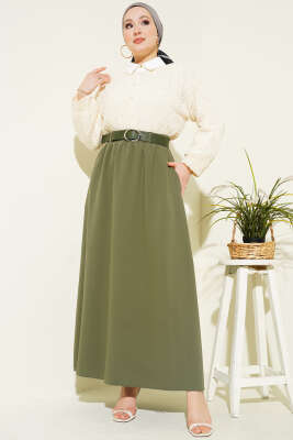 Beli Lastikli Kemerli Cepli Etek Haki - Etek