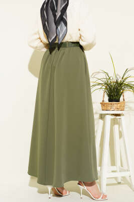 Beli Lastikli Kemerli Cepli Etek Haki - Etek