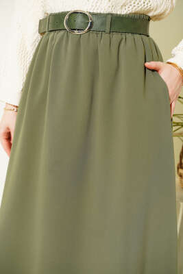 Beli Lastikli Kemerli Cepli Etek Haki - Etek