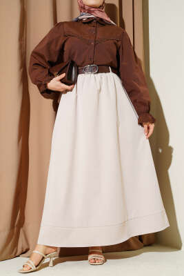 Beli Lastikli Kemerli Kloş Etek Bej 