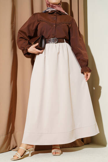 Beli Lastikli Kemerli Kloş Etek Bej - Etek