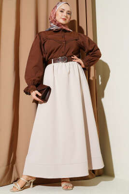 Beli Lastikli Kemerli Kloş Etek Bej - Etek