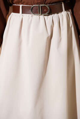 Beli Lastikli Kemerli Kloş Etek Bej - Etek