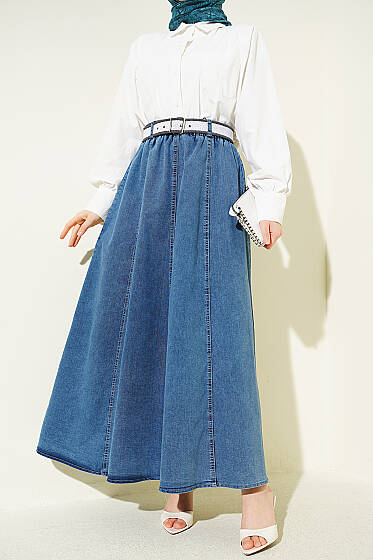 Beli Lastikli Kemerli Kloş Kot Etek Kot - Etek