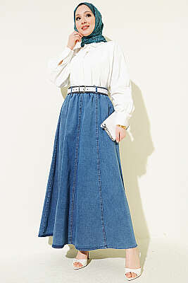 Beli Lastikli Kemerli Kloş Kot Etek Kot - Etek