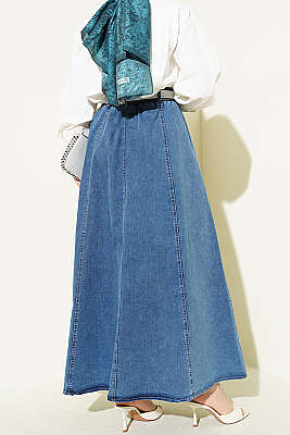 Beli Lastikli Kemerli Kloş Kot Etek Kot - Etek