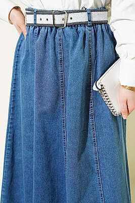 Beli Lastikli Kemerli Kloş Kot Etek Kot - Etek