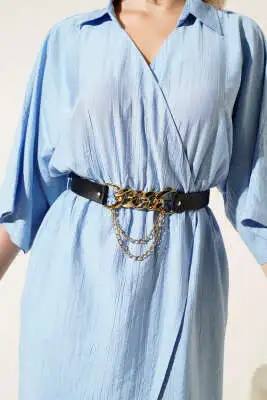 Beli Lastikli Kemerli Midi Elbise Mavi - Kadın Giyim Modelleri