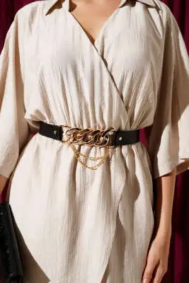Beli Lastikli Kemerli Midi Elbise Taş - Kadın Giyim Modelleri