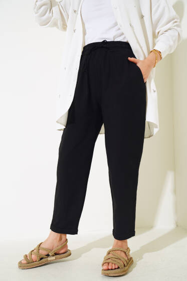 Beli Lastikli Keten Pantolon Siyah - 300-500 TL Ürünler