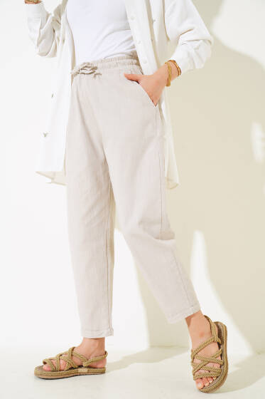 Beli Lastikli Keten Pantolon Taş - Pantolon