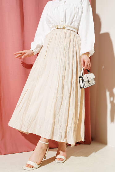 Beli Lastikli Kırışık Etek Bej - Etek