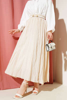 Beli Lastikli Kırışık Etek Bej 