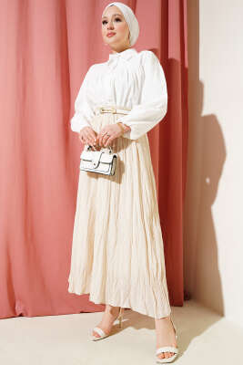 Beli Lastikli Kırışık Etek Bej - Uzun Etek