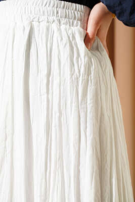 Beli Lastikli Kırışık Etek Beyaz - Uzun Etek