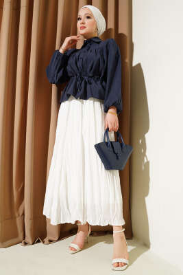 Beli Lastikli Kırışık Etek Beyaz - Uzun Etek