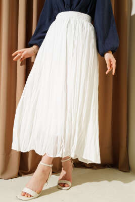 Beli Lastikli Kırışık Etek Beyaz 
