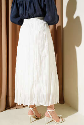 Beli Lastikli Kırışık Etek Beyaz - Uzun Etek