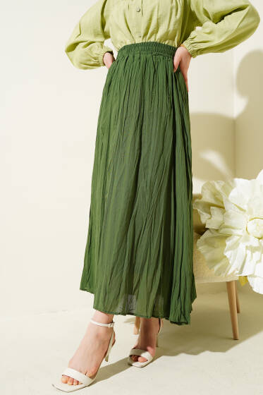 Beli Lastikli Kırışık Etek Haki - Etek