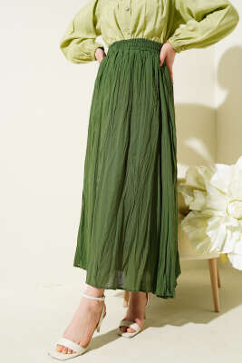 Beli Lastikli Kırışık Etek Haki 