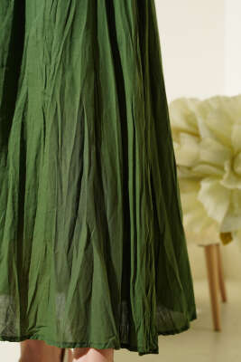 Beli Lastikli Kırışık Etek Haki - Uzun Etek