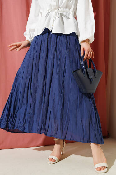 Beli Lastikli Kırışık Etek İndigo - Etek