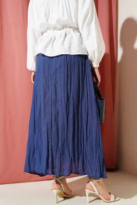 Beli Lastikli Kırışık Etek İndigo - Uzun Etek