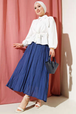 Beli Lastikli Kırışık Etek İndigo - Uzun Etek