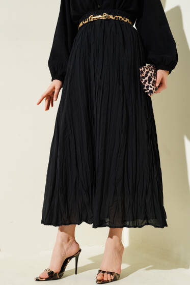 Beli Lastikli Kırışık Etek Siyah - Etek