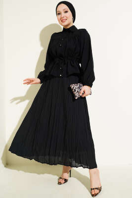 Beli Lastikli Kırışık Etek Siyah - Uzun Etek