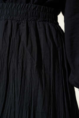 Beli Lastikli Kırışık Etek Siyah - Uzun Etek