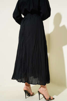 Beli Lastikli Kırışık Etek Siyah - Uzun Etek