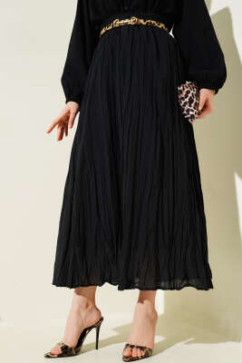 Beli Lastikli Kırışık Etek Siyah - Uzun Etek