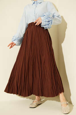 Beli Lastikli Kırışık Kloş Etek Kahve - BIGDART