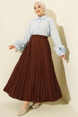 Beli Lastikli Kırışık Kloş Etek Kahve - Etek