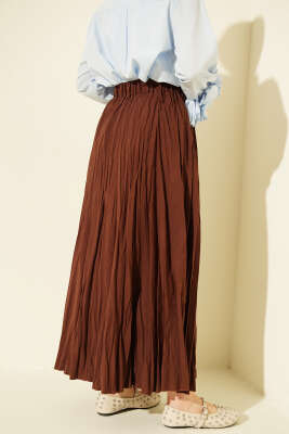 Beli Lastikli Kırışık Kloş Etek Kahve - Etek
