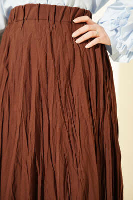 Beli Lastikli Kırışık Kloş Etek Kahve - Etek