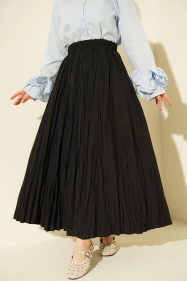 Beli Lastikli Kırışık Kloş Etek Siyah - Etek